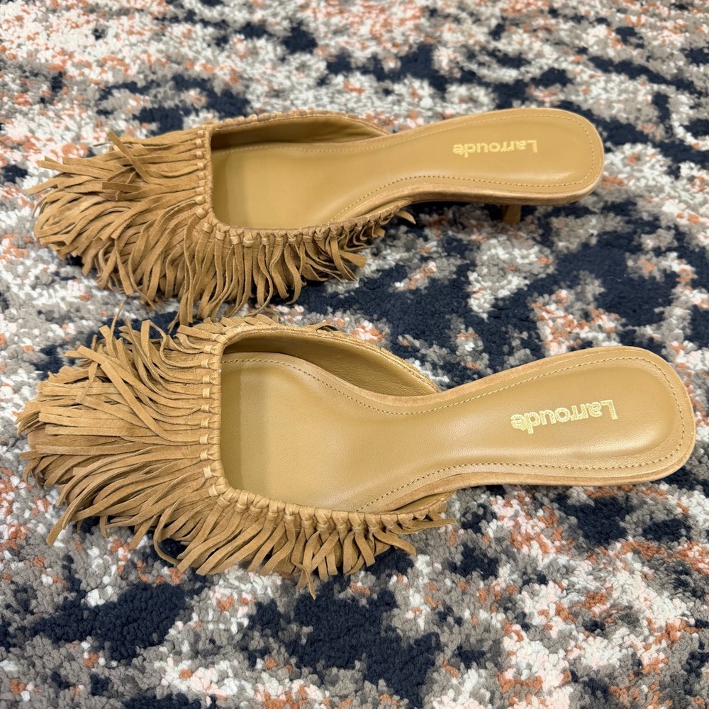 Larroude Tan Suede Fringed Kitten Heel Mule - Picture 8 of 16